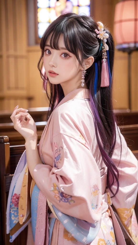 1girl, solo, long hair, looking at viewer, bangs, black hair, jewelry, closed mouth, pink hair, multicolored hair, japanese clothes, pink eyes, kimono, nail polish, bracelet, eyeshadow, multicolored eyes, multicolored nails, yagasuri, masterpice, japanase room, church, modern hair, side view, dance, uncensored