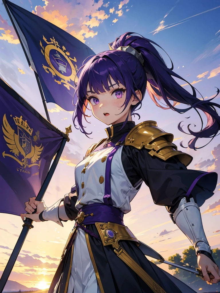 Dressed as a man、masterpiece,Highest quality,One person,Costume 1,,sunrise,dawn,holding flag,Open your mouth,sword,Purple Hair,Purple Eyes,ponytail、armorを着た、White Theme,armor,Portraiture,crowd,Swarm,flag,waving flag