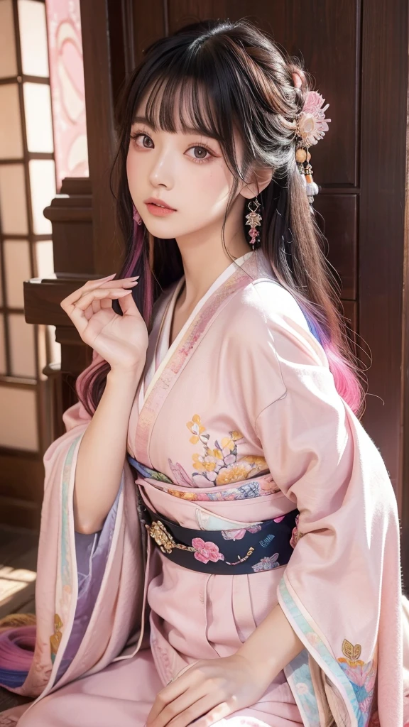 1girl, solo, long hair, looking at viewer, bangs, black hair, jewelry, closed mouth, pink hair, multicolored hair, japanese clothes, pink eyes, kimono, nail polish, bracelet, eyeshadow, multicolored eyes, multicolored nails, yagasuri, masterpice, japanase room, church, modern hair, side view, dance, uncensored