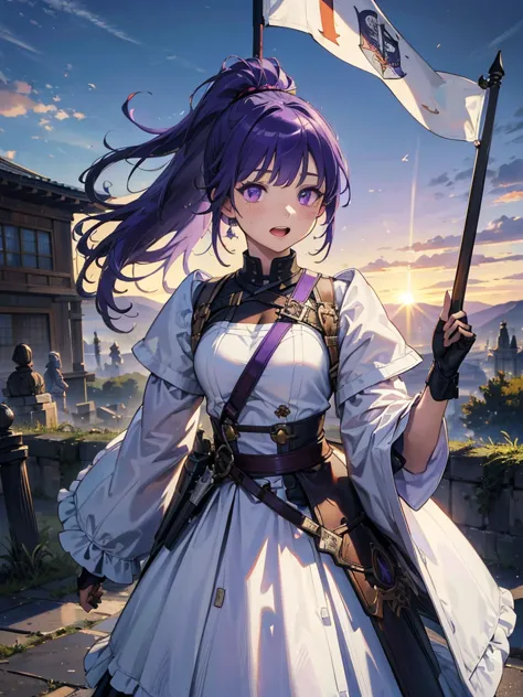 dressed as a man、masterpiece,highest quality,one person,costume 1,,sunrise,dawn,holding flag,open your mouth,sword,purple hair,p...