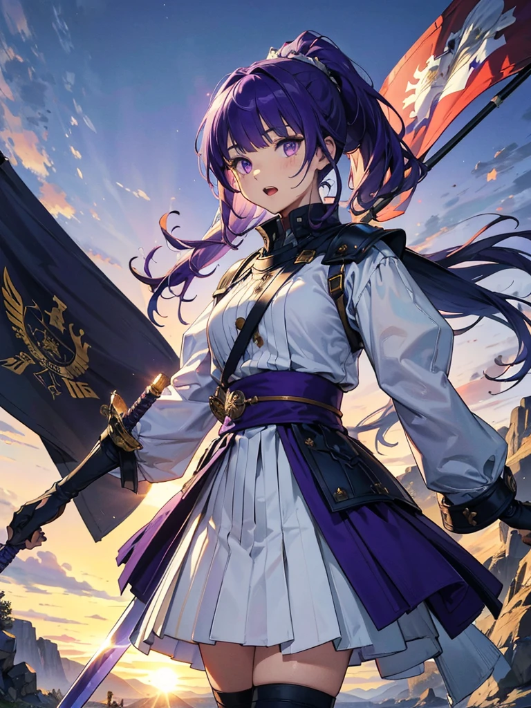 Dressed as a man、masterpiece,Highest quality,One person,Costume 1,,sunrise,dawn,holding flag,Open your mouth,sword,Purple Hair,Purple Eyes,ponytail、armorを着た、White Theme,armor,Portraiture,crowd,Swarm,flag,waving flag