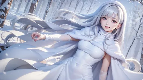 masterpiece、highest quality、1 girl, winter, white hair, cute girl, smile, close mouse, medium breasts, turtleneck dress,  white ...