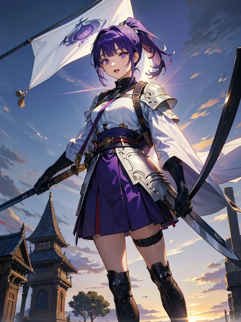 Dressed as a man、masterpiece,Highest quality,One person,Costume 1,,sunrise,dawn,holding flag,Open your mouth,sword,Purple Hair,Purple Eyes,ponytail、armorを着た、White Theme,armor,Portraiture,crowd,Swarm,flag,waving flag