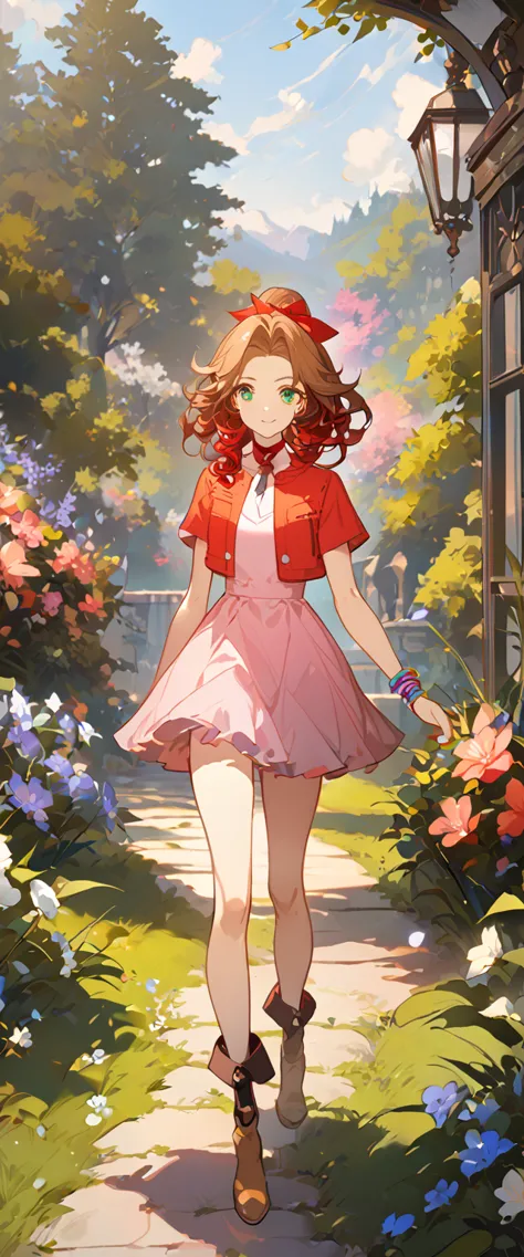 masterpiece, best quality, 8k, 4k, 1girl, aerith gainsborough, brown hair, high middle bang, longer side curly bang, long tight ...