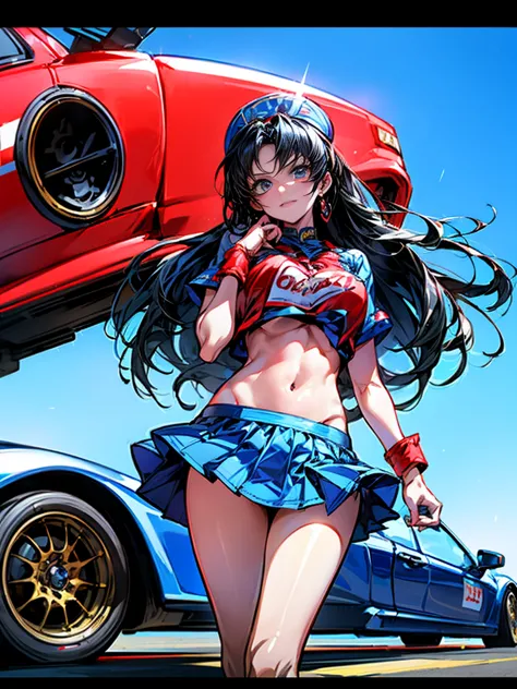 ((stand in front of a racing car))、(masterpiece)、(racing girls)、black hair、a faint smile、eye and facial details、漆black hair、stra...