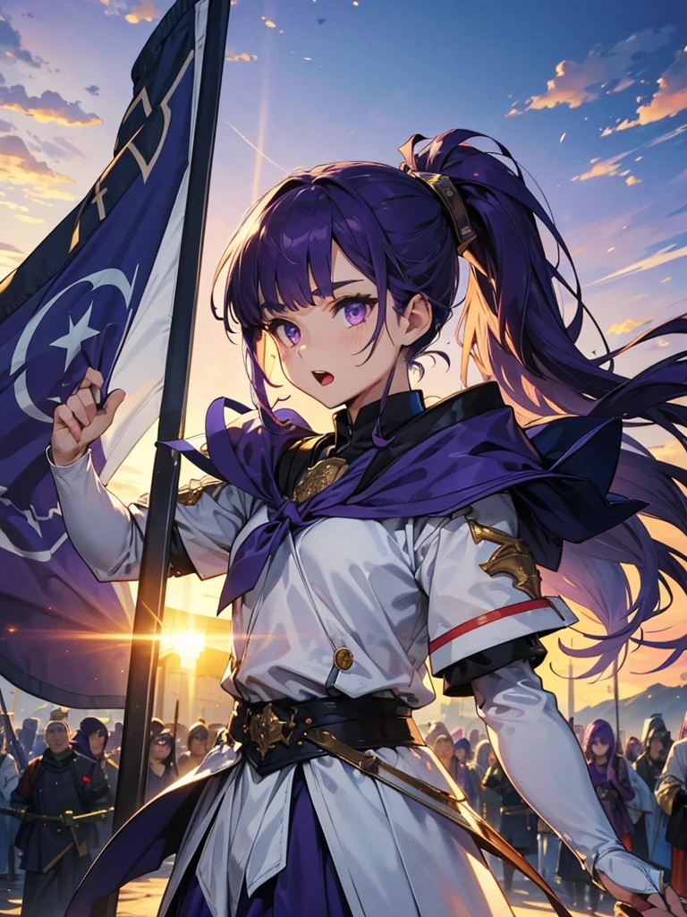 Dressed as a man、masterpiece,Highest quality,One person,Costume 1,,sunrise,dawn,holding flag,Open your mouth,sword,Purple Hair,Purple Eyes,ponytail、armorを着た、White Theme,armor,Portraiture,crowd,Swarm,flag,waving flag