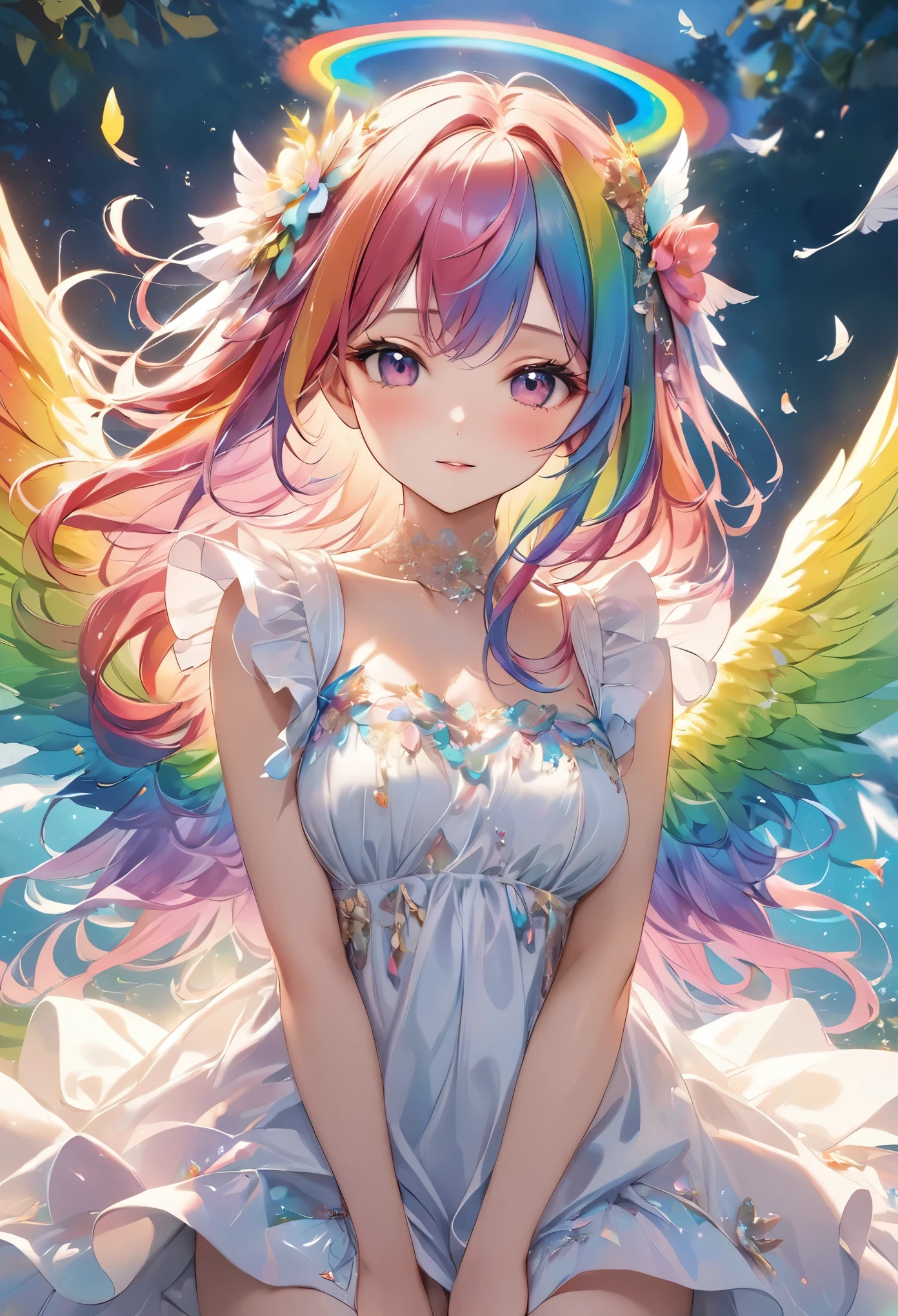 Pale colors, ((Astonishingly absurd)), Ultra high resolution, Attention to detail, High quality, High resolution, Top quality, 4k, 8K, Artwork, Fantastic work,arm behind back、rainbow, rainbow hair, Long hair, Rainbow angel, Spread wings wide, ((Rainbow wings fluttering)), Beautiful angel, Cute angel