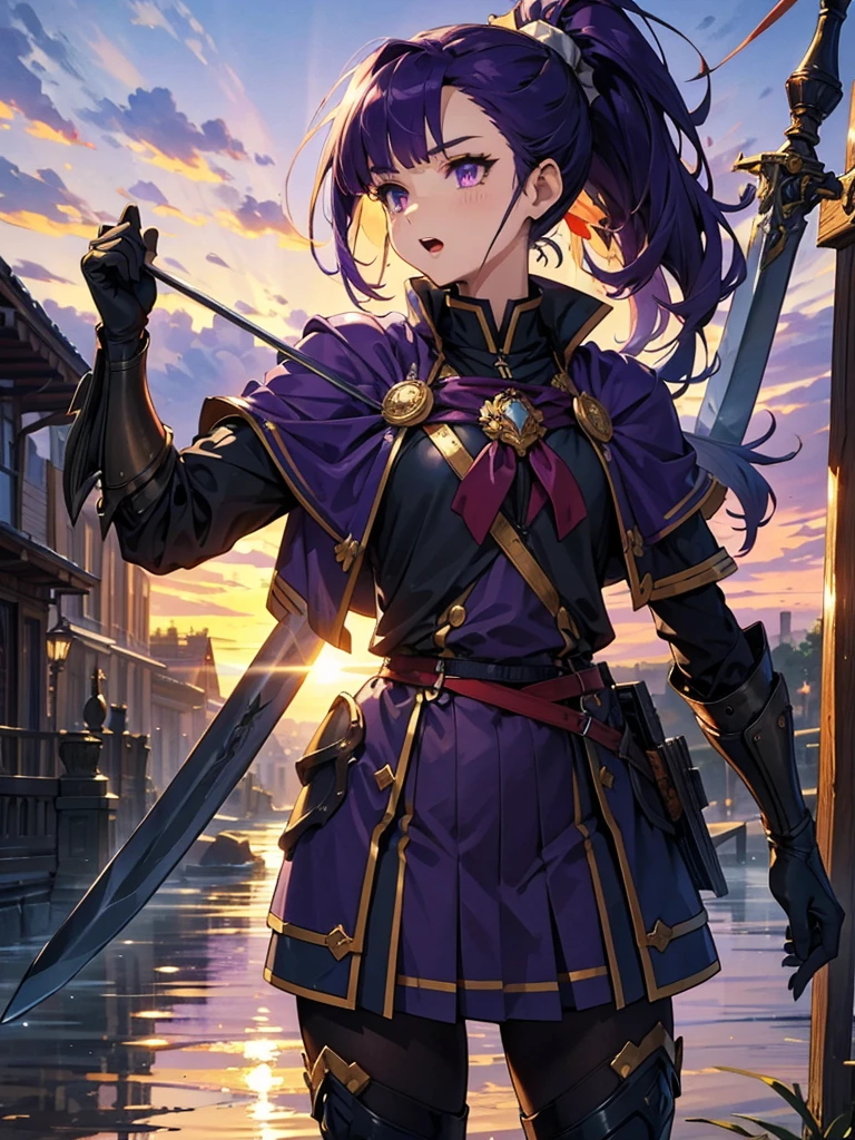 Dressed as a man、masterpiece,Highest quality,One person,Costume 1,,sunrise,dawn,holding flag,Open your mouth,sword,Purple Hair,Purple Eyes,ponytail、Armored