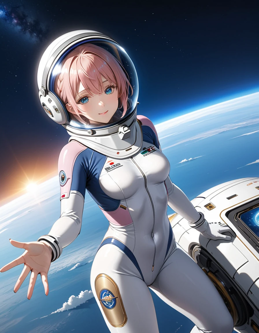 (Spacesuit:1.15), White Cargo Pants, Space Helmet , , Spacewalk, masterpiece, Highest quality, One person, alone, short hair, , eva helm, , Bodysuits,Gloss,\, baburuherumetto, short hair, (Futuristic spaceship:1.6), , smile,Covered navel, short hair, Eli Ase,slim,Small breasts,From above, Violet Evergarden , space helmet