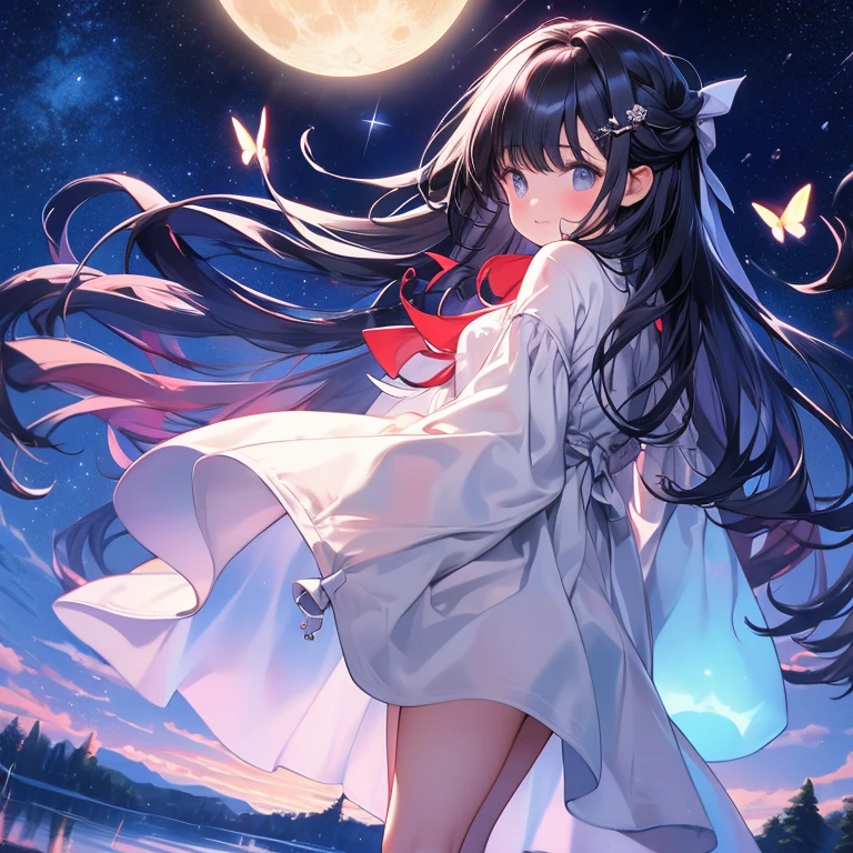 masterpiece, best quality，8K, Ultra-high resolution，On warm summer nights，A bright moon hangs above the deep blue starry sky，Girl standing in the middle of the lake，Her long hair seems to be swaying in the wind，The breeze caresses her cheeks，Bring a chill。She raised her head gently, looking at the moon in the distance, It seems as if the past has been forgotten, The lake quietly reflects the sky。calm around, Only a few campfire bugs are flying around, The girl is confused and curious, Enjoy this peaceful night。