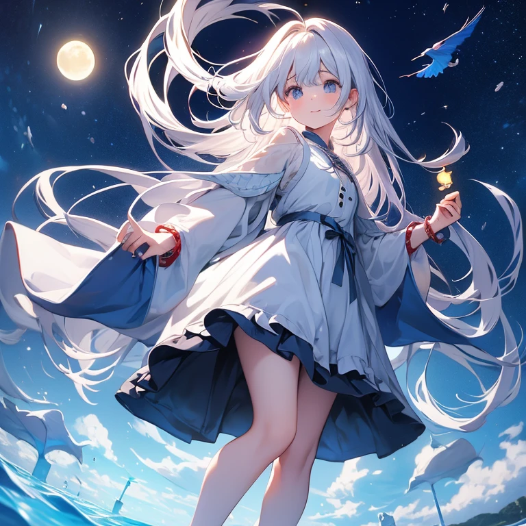 masterpiece, best quality，8K, Ultra-high resolution，On warm summer nights，A bright moon hangs above the deep blue starry sky，Girl standing in the middle of the lake，Her long hair seems to be swaying in the wind，The breeze caresses her cheeks，Bring a chill。She raised her head gently, looking at the moon in the distance, It seems as if the past has been forgotten, The lake quietly reflects the sky。calm around, Only a few campfire bugs are flying around, The girl is confused and curious, Enjoy this peaceful night。