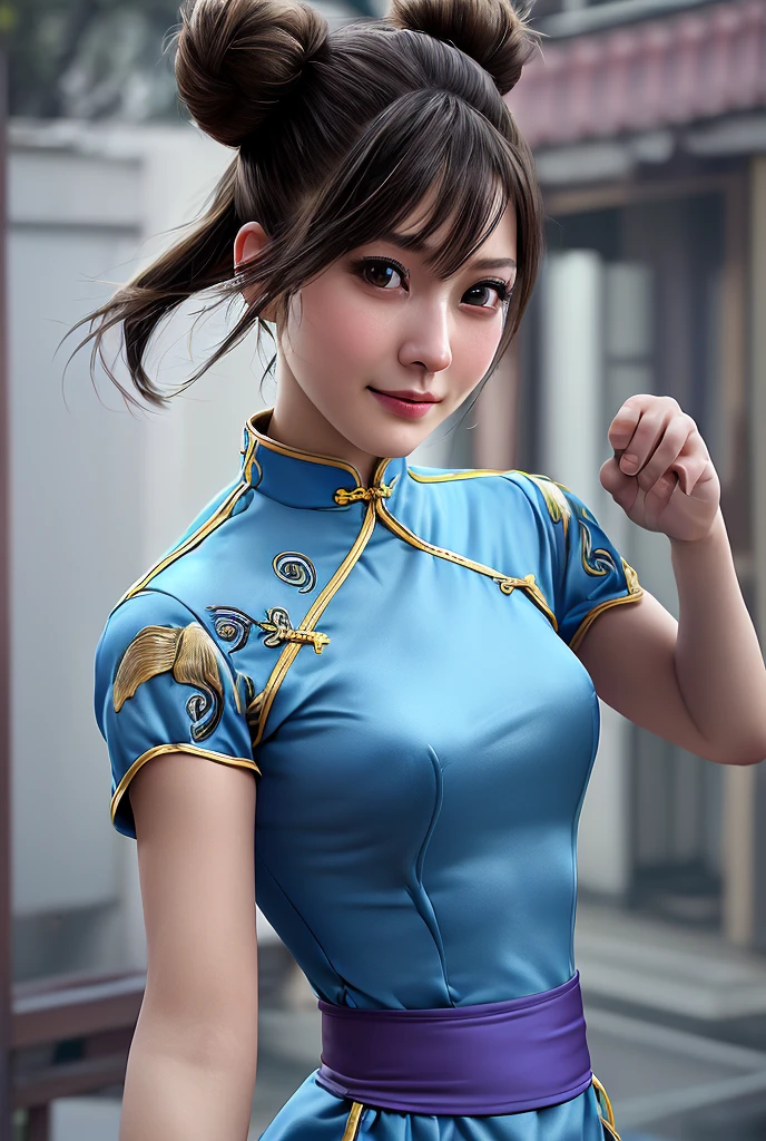 ((Highest quality)), ((masterpiece)), (detailed), 1 personの, sexy、Chun-Li from Street Fight II,The perfect Chun-Li costume,Blue Chinese dress with gold lines,Bunhead,Good cover,Fighting Pose,masterpiece、美しい少女1 person、Beautiful Eyes、Puffy eyes、Highest quality, 超High resolution, (reality: 1.4), Cinema Lighting、Japanese、Asian Beauty、Korean、so beautiful、Beautiful Skin、Body facing forward、Face close-up、(超reality的な)、(High resolution)、(8k)、(非常にdetailed)、(美しくBeautiful Eyes)、(非常にdetailedな)、 (wall-)、detailedな顔、Bright lighting、Professional Lighting、Looking at the audience、Look straight ahead、Diagonal bangs、Nogizaka Idol、Korean Idol、masterpiece, Highest quality, masterpiece, Highest quality, Perfect Face, Perfect brown eyes with white sclera, Bad move -5, alone, 1 person, Upper Body, Brown Hair, From SF2, Chinese Language Services, smile, Muscular Woman, Blue clothes, pantyhose, Pelvis Khan, puffy short sleeve, Good cover, sash, evaluation:security intelligence、whole body