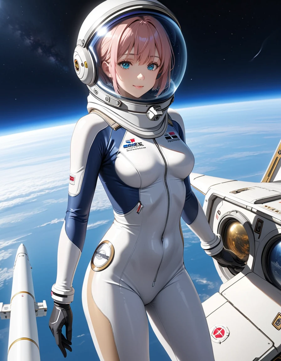 (Spacesuit:1.15), White Cargo Pants, Space Helmet , , Spacewalk, masterpiece, Highest quality, One person, alone, short hair, , eva helm, , Bodysuits,Gloss,\, baburuherumetto, short hair, (Futuristic spaceship:1.6), , smile,Covered navel, short hair, Eli Ase,slim,Small breasts,From above, Violet Evergarden , space helmet