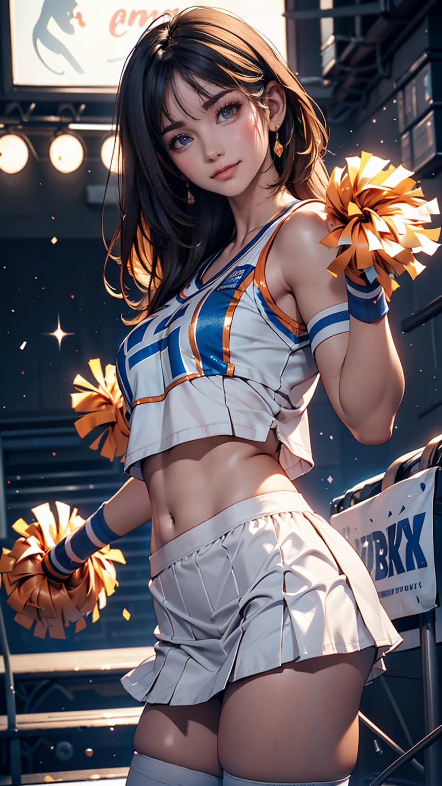 Cheerleader,A small smile,cheer leading,Cheerleader uniform, (((masterpiece))), (((Highest quality))), ((Very detailed)), (figure), ((Very delicate and beautiful)),(Bokeh,Blurred Background),(Best Shadow), One person,White panties, Black Hair, Long Hair, cute,cute,change, Shining highlight spots around the eyes, Character Focus,Tilt your head,