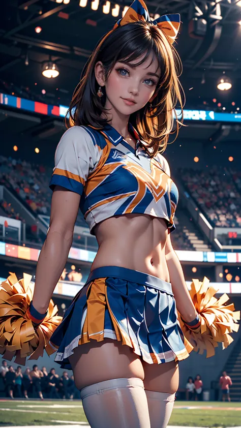 cheerleader,a small smile,cheer leading,cheerleader uniform, (((masterpiece))), (((highest quality))), ((very detailed)), (figur...