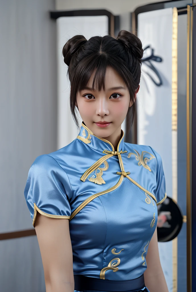 ((Highest quality)), ((masterpiece)), (detailed), 1 personの, sexy、Chun-Li from Street Fight II,The perfect Chun-Li costume,Blue Chinese dress with gold lines,Bunhead,Good cover,Fighting Pose,masterpiece、美しい少女1 person、Beautiful Eyes、Puffy eyes、Highest quality, 超High resolution, (reality: 1.4), Cinema Lighting、Japanese、Asian Beauty、Korean、so beautiful、Beautiful Skin、Body facing forward、Face close-up、(超reality的な)、(High resolution)、(8k)、(非常にdetailed)、(美しくBeautiful Eyes)、(非常にdetailedな)、 (wall-)、detailedな顔、Bright lighting、Professional Lighting、Looking at the audience、Look straight ahead、Diagonal bangs、Nogizaka Idol、Korean Idol、masterpiece, Highest quality, masterpiece, Highest quality, Perfect Face, Perfect brown eyes with white sclera, Bad move -5, alone, 1 person, Upper Body, Brown Hair, From SF2, Chinese Language Services, smile, Muscular Woman, Blue clothes, pantyhose, Pelvis Khan, puffy short sleeve, Good cover, sash, evaluation:security intelligence、whole body