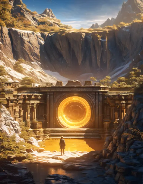 a mysterious and vibrant golden portal on the side of an ancient mountain, several people standing around it, setting up a resea...