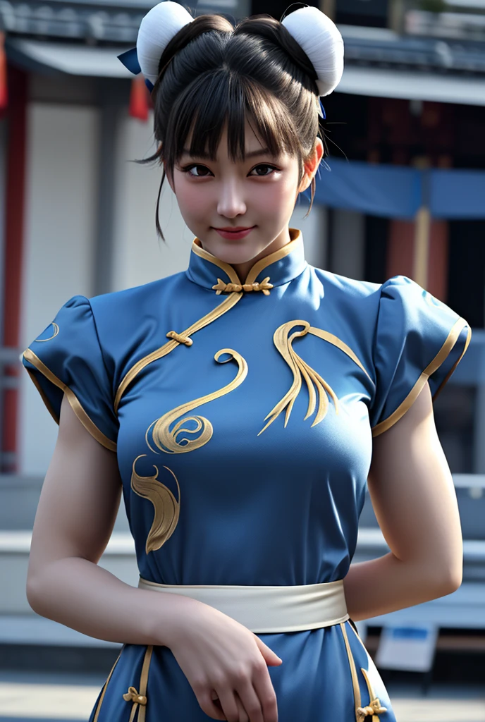 ((Highest quality)), ((masterpiece)), (detailed), 1 personの, sexy、Chun-Li from Street Fight II,The perfect Chun-Li costume,Blue Chinese dress with gold lines,Bunhead,Good cover,Fighting Pose,masterpiece、美しい少女1 person、Beautiful Eyes、Puffy eyes、Highest quality, 超High resolution, (reality: 1.4), Cinema Lighting、Japanese、Asian Beauty、Korean、so beautiful、Beautiful Skin、Body facing forward、Face close-up、(超reality的な)、(High resolution)、(8k)、(非常にdetailed)、(美しくBeautiful Eyes)、(非常にdetailedな)、 (wall-)、detailedな顔、Bright lighting、Professional Lighting、Looking at the audience、Look straight ahead、Diagonal bangs、Nogizaka Idol、Korean Idol、masterpiece, Highest quality, masterpiece, Highest quality, Perfect Face, Perfect brown eyes with white sclera, Bad move -5, alone, 1 person, Upper Body, Brown Hair, From SF2, Chinese Language Services, smile, Muscular Woman, Blue clothes, pantyhose, Pelvis Khan, puffy short sleeve, Good cover, sash, evaluation:security intelligence、whole body