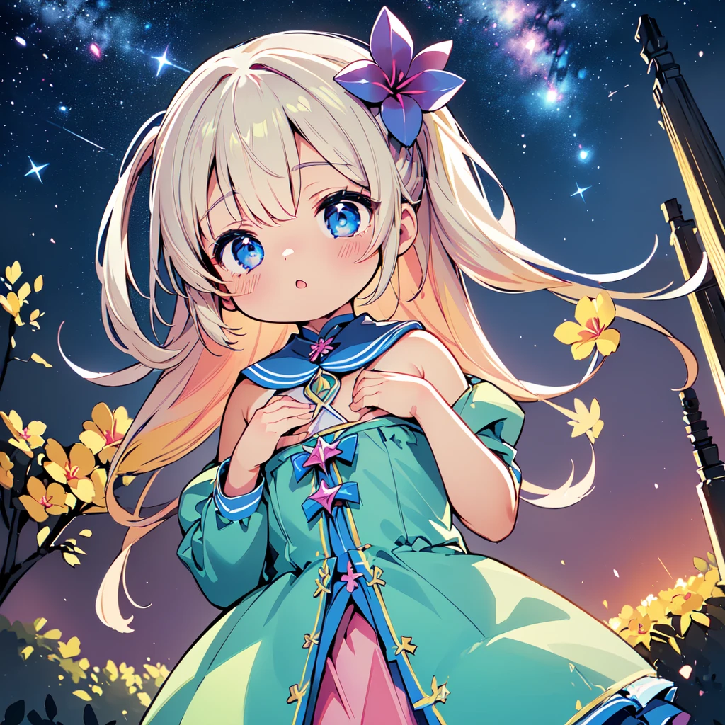 Cute characters、(((Highest quality、Masterpiece、Super detailed、S composition、X Composition、Triangular composition、Square Composition)))、Draw plumeria flower、I look up at the starry sky。Surround her with colorful nebulae and colorful forests。pink、light blue、Blue fantastic light source background、glitter