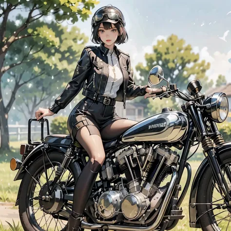 (riding on motorcycle:1.2)、(vintage bikes、bluff superior ss100)、 beautiful young woman、1 person、beautiful face, beautiful and de...