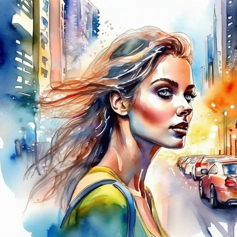 watercolor hand drawing, colorfully, beautiful woman walking through a futuristic cityscape, seductive and sexy look, a hyper-re...