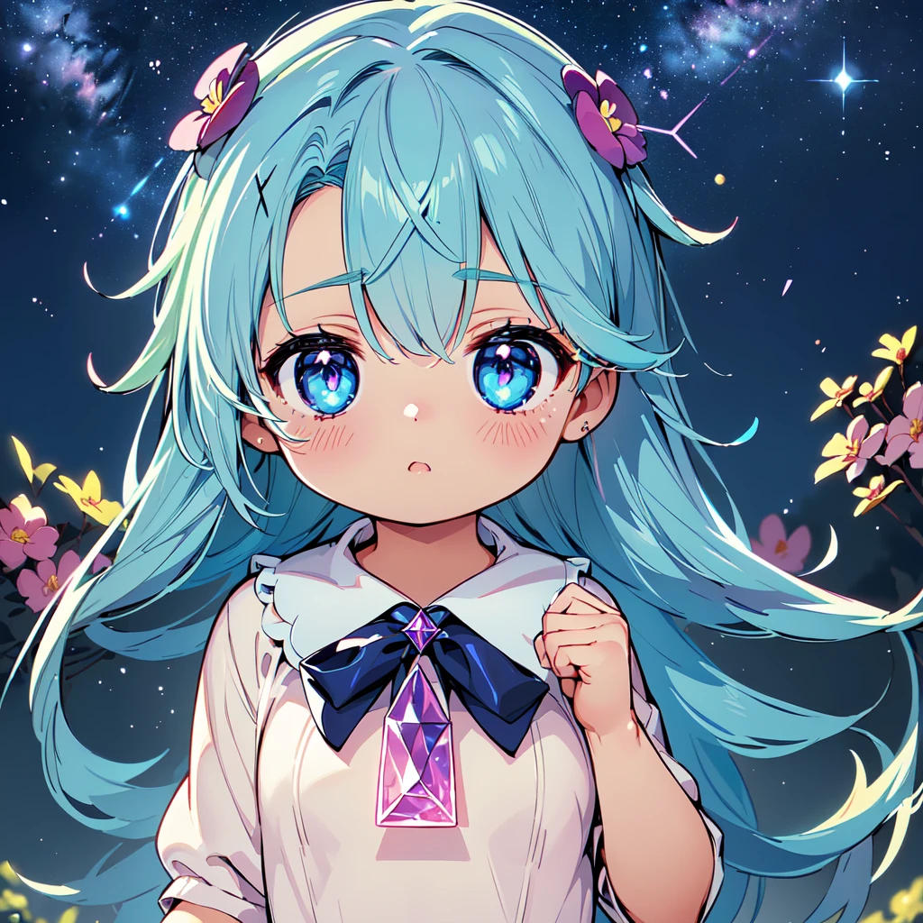 Cute characters、(((Highest quality、Masterpiece、Super detailed、S composition、X Composition、Triangular composition、Square Composition)))、Draw plumeria flower、I look up at the starry sky。Surround her with colorful nebulae and colorful forests。pink、light blue、Blue fantastic light source background、glitter