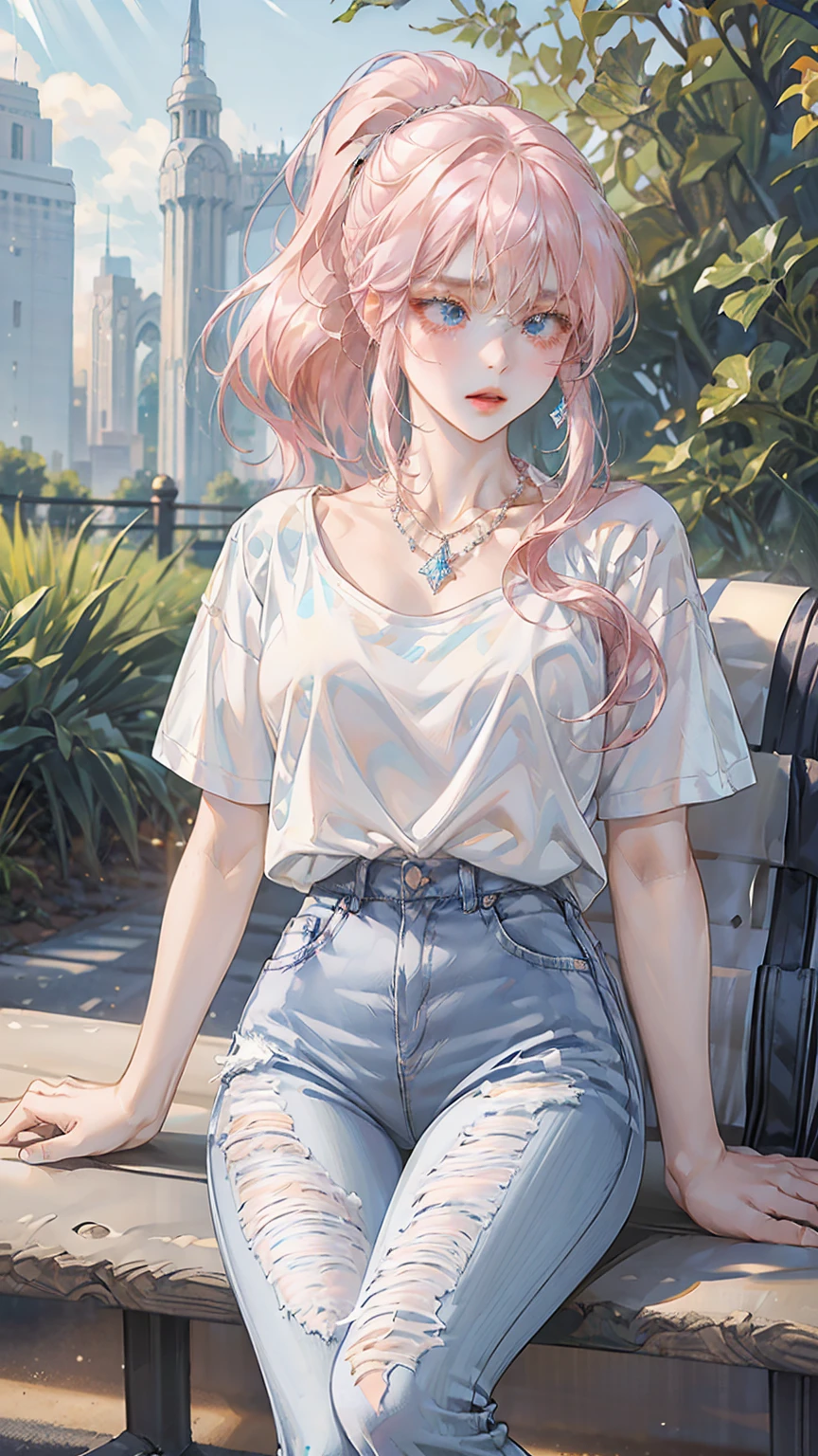 ((best quality)), ((masterpiece)), ((hyundai)), ((illustration)), (detailed), (clear), (Perfect), 1 woman, 1, beautiful, pure, Pink hair with bangs in ponytail, white skin, Blue diamond eyes, abundant eyelashes, pretty lips, big bust, small waist, white t-shirt, jeans, Diamond necklace, Sitting on a park bench, How to use a smartphone