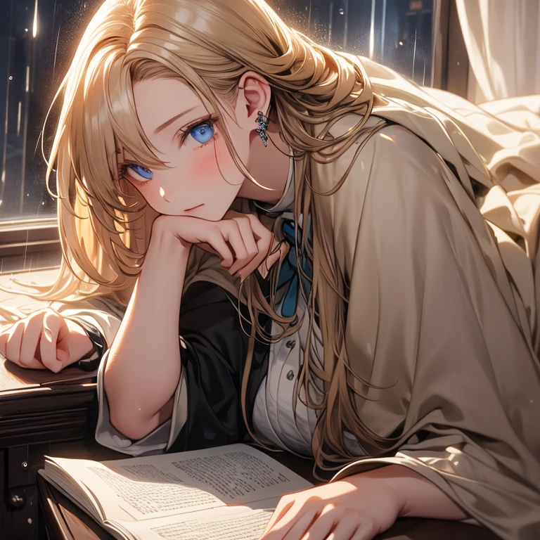 Attention to detail, high quality, high resolution, 4K, 8K, she sleeps at the desk, outside the window is raining, she has long gold hair, she feels relaxed, she has beautiful eyes, blue eyes, casual cloth, warm atmosphere, calm atmosphere, relax atmosphere