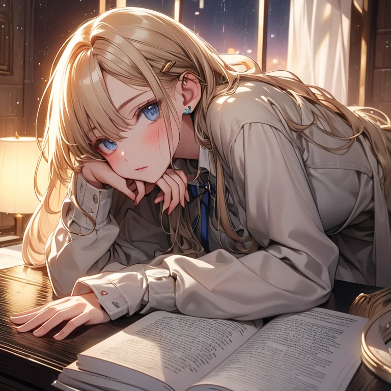 Attention to detail, high quality, high resolution, 4K, 8K, she sleeps at the desk, outside the window is raining, she has long gold hair, she feels relaxed, she has beautiful eyes, blue eyes, casual cloth, warm atmosphere, calm atmosphere, relax atmosphere