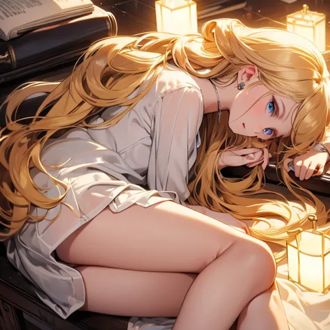 attention to detail, high quality, high resolution, 4k, 8k, she sits at the desk, she is sleeping, she has long gold hair, she i...