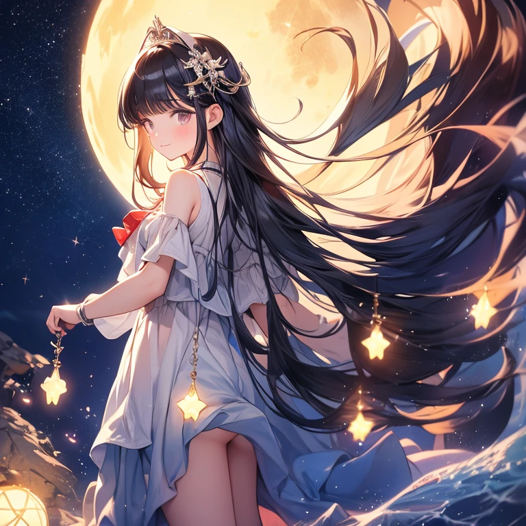 masterpiece, best quality，8K, Ultra-high resolution，On warm summer nights，A bright moon hangs above the deep blue starry sky，Girl standing in the middle of the lake，Her long hair seems to be swaying in the wind，The breeze caresses her cheeks，Bring a chill。She raised her head gently, looking at the moon in the distance, It seems as if the past has been forgotten, The lake quietly reflects the sky。calm around, Only a few campfire bugs are flying around, The girl is confused and curious, Enjoy this peaceful night。