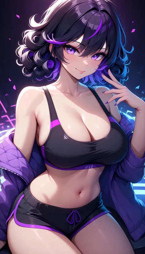 1 girl, large breasts, raven black hair, neon purple highlights in hair, curly hair style, shoulder length hair, neon purple eye...