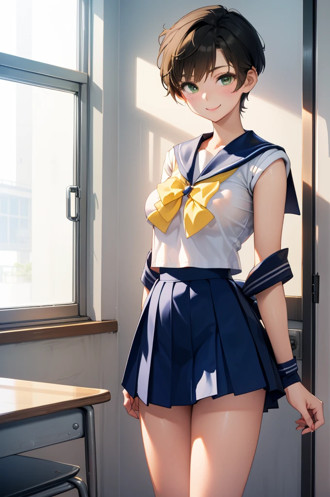 独奏、high school girl、Beautiful breasts、(high school girl、A sailor uniform with a short length、Short summer clothes、Yellow ribbon on chest)、(Navy blue micro mini skirt、Low-rise micro mini skirt、Beautiful thighs)、(Black Hair、Short Hair)、Deep green eyes、smile、classroom