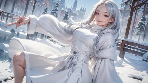 (close-up image) masterpiece、highest quality、1 person, winter, silver hair, cute, smile, close the mouse, large breasts, side bu...