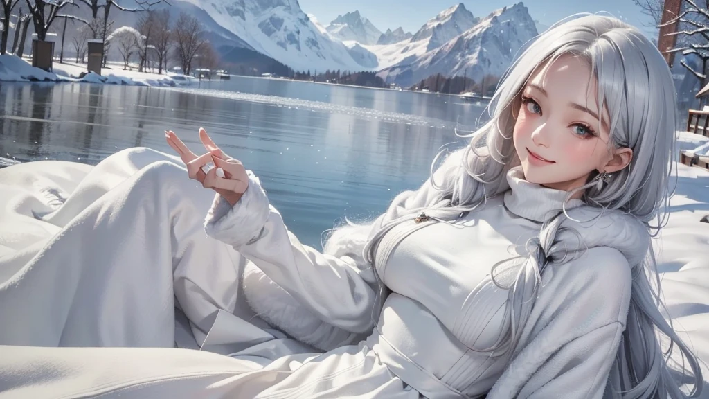 (Close-up image) masterpiece、Highest quality、1 person, winter, Silver Hair, cute, smile, Close the mouse, Large Breasts, Side bust:1.4, White Dress, turtle neck, winter clothes, Long skirt, Fur coat、Narrow waist、Thin legs、Outdoor, Lake front, it&#39;s snowing, Prayer Pose, Holding hands, from the front
