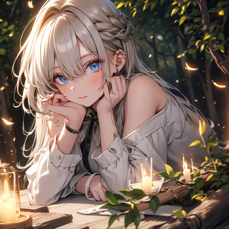 Attention to detail, high quality, high resolution, 4K, 8k, she sit in the middle of the forest, many green trees, many campfire bugs fly around her, wind blow through her hair, she has long silver hair, she is relaxing, she has beautiful eyes, Blue eyes, casual cloths, warm atmosphere, calm atmosphere, relax atmosphere, background dark, night, Grains of light,whole body