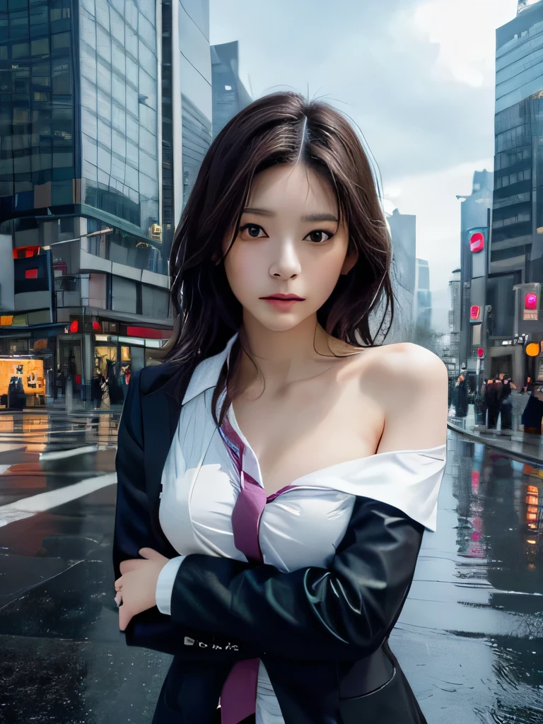 Japanese girl, ((single bare shoulder, off shoulder)), ((necktie, dark blazer, skirts)), crossed arms, shoot from below, shibuya crossing, heavy rain, bad weather, strong wind, dark clouds, tokyo skyscrapers, super realistic, high definition, 4k