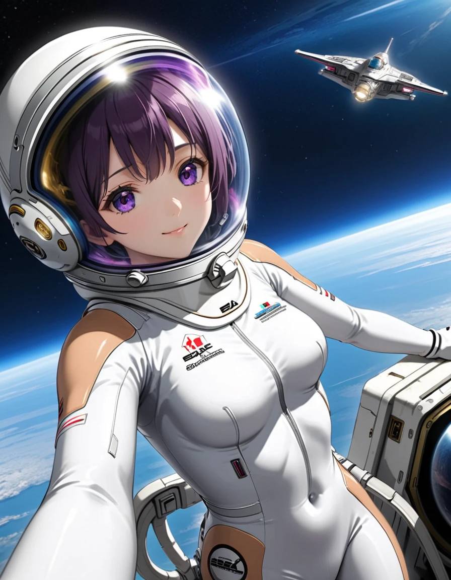 (Spacesuit:1.15), White Cargo Pants, Space Helmet , , Spacewalk, masterpiece, Highest quality, One person, alone, short hair, , eva helm, , Bodysuits,Gloss,\, baburuherumetto, short hair, (Futuristic spaceship:1.6), , smile,Covered navel, short hair, Eli Ase,slim,Small breasts,From above, Violet Evergarden , space helmet, upper body