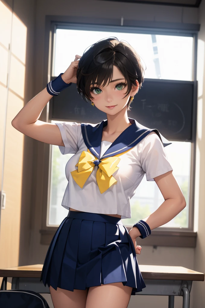 (masterpiece:1.3、Highest quality)、Ultra-high resolution、Super detailed、(Real、Photorealistic:1.4)、Beautiful illustrations、Perfect lighting、Highly detailed face、Detailed and beautiful eyes、独奏、high school girl、Beautiful breasts、(high school girl、A sailor uniform with a short length、Short summer clothes、Yellow ribbon on chest)、(Navy blue micro mini skirt、Low-rise micro mini skirt、Beautiful thighs)、(Black Hair、Short Hair)、Deep green eyes、smile、classroom