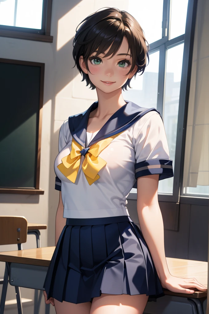 (masterpiece:1.3、Highest quality)、Ultra-high resolution、Super detailed、(Real、Photorealistic:1.4)、Beautiful illustrations、Perfect lighting、Highly detailed face、Detailed and beautiful eyes、独奏、high school girl、Beautiful breasts、(high school girl、A sailor uniform with a short length、Short summer clothes、Yellow ribbon on chest)、(Navy blue micro mini skirt、Low-rise micro mini skirt、Beautiful thighs)、(Black Hair、Short Hair)、Deep green eyes、smile、classroom