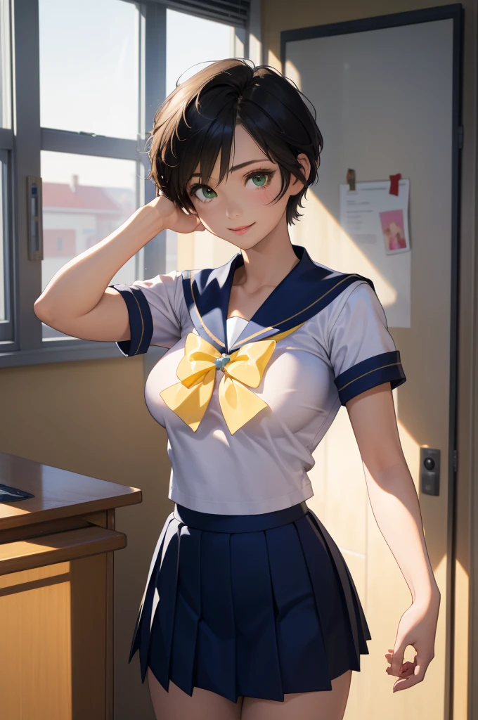 (masterpiece:1.3、Highest quality)、Ultra-high resolution、Super detailed、(Real、Photorealistic:1.4)、Beautiful illustrations、Perfect lighting、Highly detailed face、Detailed and beautiful eyes、独奏、high school girl、Beautiful breasts、(high school girl、A sailor uniform with a short length、Short summer clothes、Yellow ribbon on chest)、(Navy blue micro mini skirt、Low-rise micro mini skirt、Beautiful thighs)、(Black Hair、Short Hair)、Deep green eyes、smile、classroom