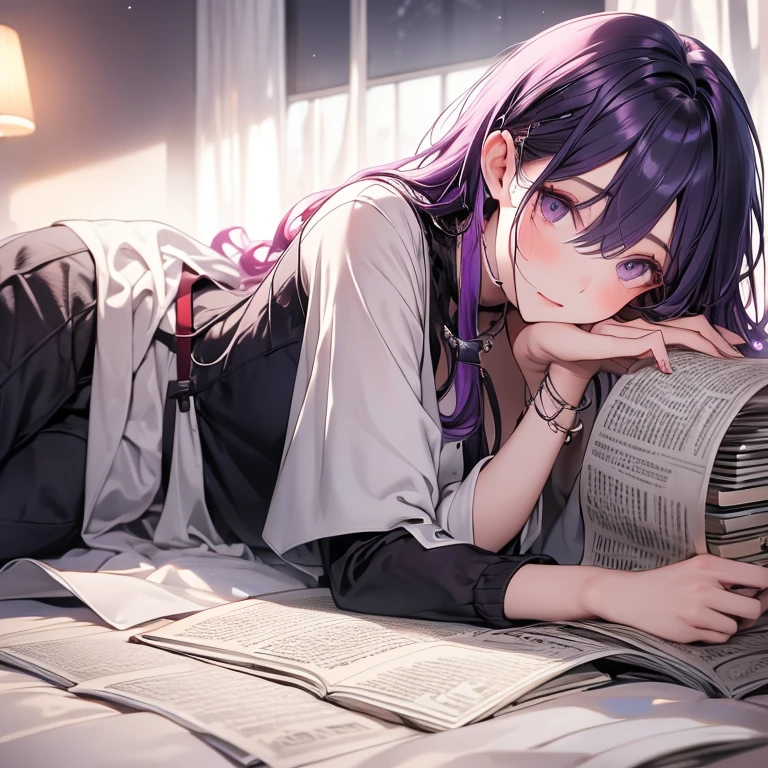 Attention to detail, high quality, high resolution, 4K, 8K,she looks gentle, raining outside the window, she is lying on the floor of the bedroom, she has long purple hair, she is relaxing, she is reading book, she has beautiful eyes, purple eyes, casual homewear, warm atmosphere, calm atmosphere, relax atmosphere