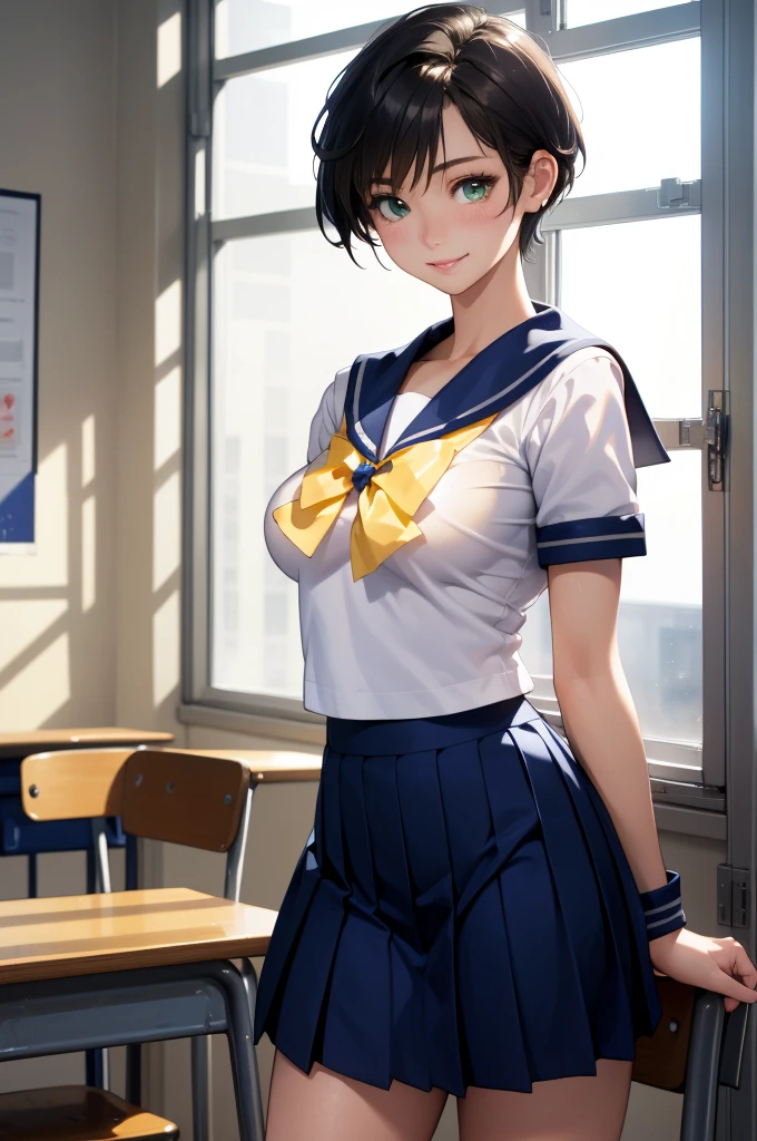 Upper body portrait、(masterpiece:1.3、Highest quality)、Ultra-high resolution、Super detailed、(Real、Photorealistic:1.4)、Beautiful illustrations、Perfect lighting、Highly detailed face、Detailed and beautiful eyes、独奏、high school girl、Beautiful breasts、(high school girl、A sailor uniform with a short length、Short summer clothes、Yellow ribbon on chest)、(Navy blue micro mini skirt、Low-rise micro mini skirt、Beautiful thighs)、(Black Hair、Short Hair)、Deep green eyes、smile、classroom