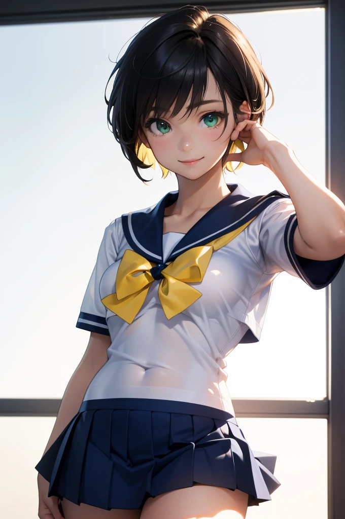 Upper body portrait、(masterpiece:1.3、Highest quality)、Ultra-high resolution、Super detailed、(Real、Photorealistic:1.4)、Beautiful illustrations、Perfect lighting、Highly detailed face、Detailed and beautiful eyes、独奏、high school girl、Beautiful breasts、(high school girl、A sailor uniform with a short length、Short summer clothes、Yellow ribbon on chest)、(Navy blue micro mini skirt、Low-rise micro mini skirt、Beautiful thighs)、(Black Hair、Short Hair)、Deep green eyes、smile、classroom