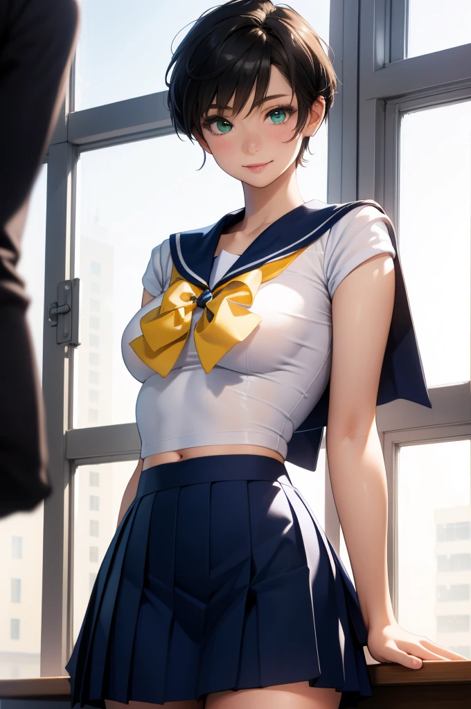 Upper body portrait、(masterpiece:1.3、Highest quality)、Ultra-high resolution、Super detailed、(Real、Photorealistic:1.4)、Beautiful illustrations、Perfect lighting、Highly detailed face、Detailed and beautiful eyes、独奏、high school girl、Beautiful breasts、(high school girl、A sailor uniform with a short length、Short summer clothes、Yellow ribbon on chest)、(Navy blue micro mini skirt、Low-rise micro mini skirt、Beautiful thighs)、(Black Hair、Short Hair)、Deep green eyes、smile、classroom