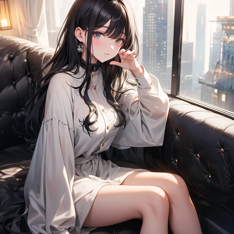 Attention to detail, high quality, high resolution, 4K, 8K, raining outside the window, the window is floor-to-ceiling glass, she is inside the coffee shop, she has long black hair, she is relaxing, she is drinking coffee, she has beautiful eyes, black eyes, casual cloths, warm atmosphere, calm atmosphere