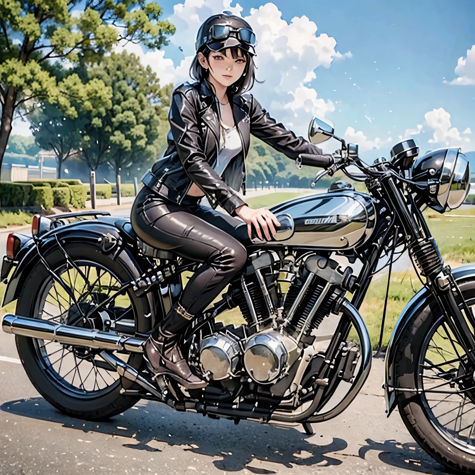 Bluff Superior SS100、(クラシックRiding on motorcycle )、(Vintage Bikes、Bluff Superior SS100)、Isle of Man Races、 (Riding on motorcycle:1.2), Beautiful young woman、1、Beautiful Face, Beautiful and delicate eyes, Black Hair, Short Bob Hair,  Classic Leather Jacket、Cromwell helmet with goggles、After the Rain、English countryside、 Detailed Description、(Highest quality, masterpiece, High resolution)、8k、wallpaper
