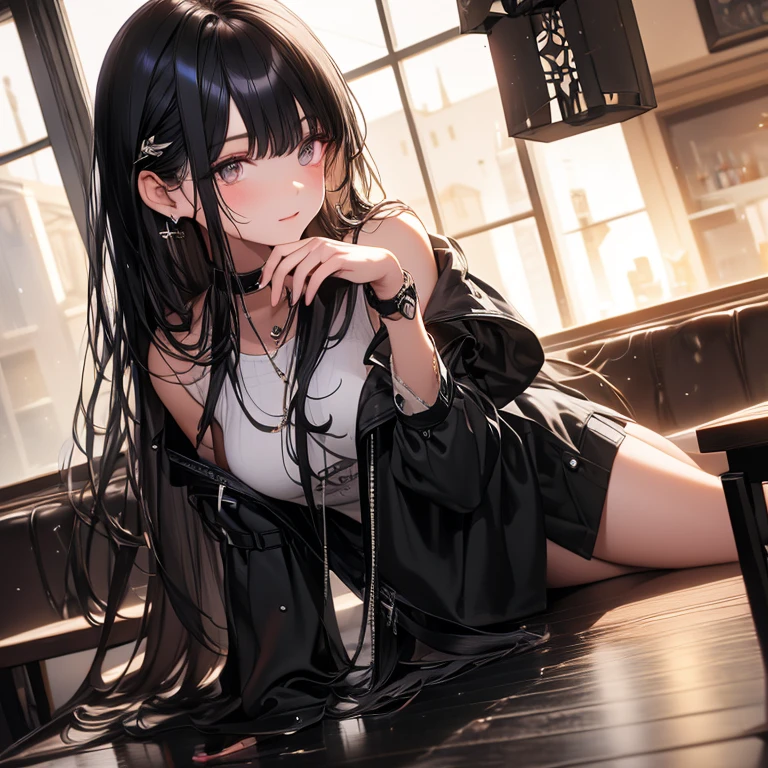 Attention to detail, high quality, high resolution, 4K, 8K, raining outside the window, the window is floor-to-ceiling glass, she is inside the coffee shop, she has long black hair, she is relaxing, she is drinking coffee, she has beautiful eyes, black eyes, casual cloths, warm atmosphere, calm atmosphere