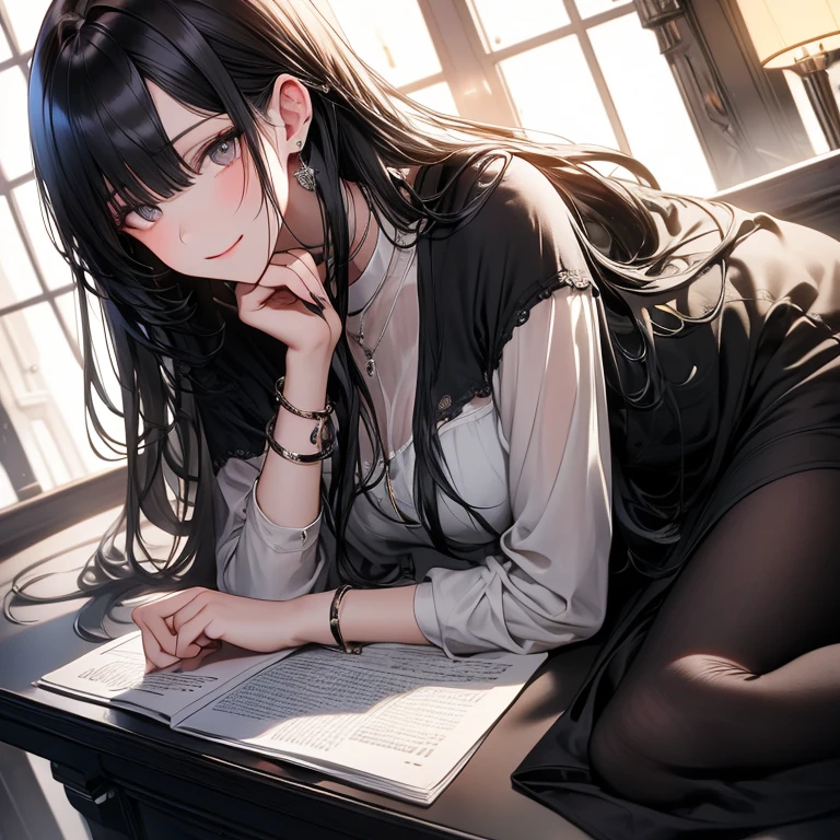 Attention to detail, high quality, high resolution, 4K, 8K, raining outside the window, the window is floor-to-ceiling glass, she is inside the coffee shop, she has long black hair, she is relaxing, she is drinking coffee, she has beautiful eyes, black eyes, casual cloths, warm atmosphere, calm atmosphere