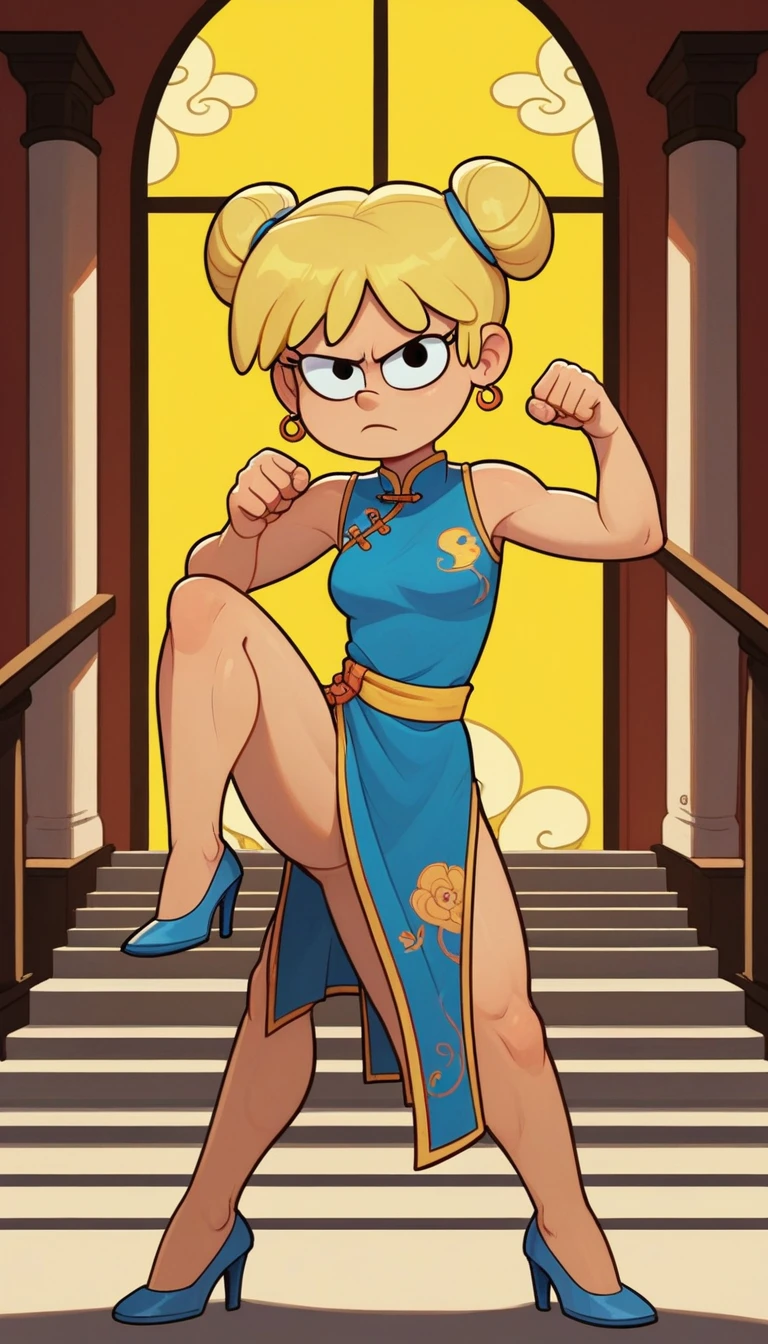 lori loud, 1girl, solo, 24yo girl, blue cheongsam,  inside of a chinese style temple, looking at viewer, blonde hair, short hair, two hair buns , hands  score_9, score_8_up, score_7_up, high heels,teep fighting stance,martial arts, guarding the stairs, stairs behind her